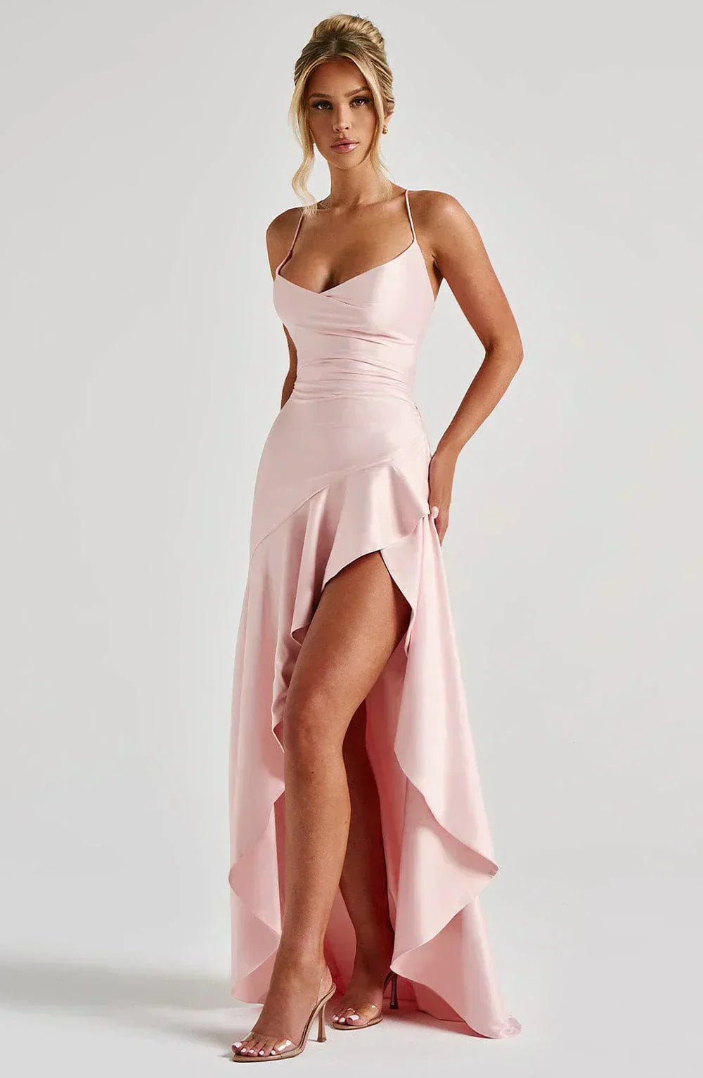 Prestige Satin Ruffle Maxi Dress