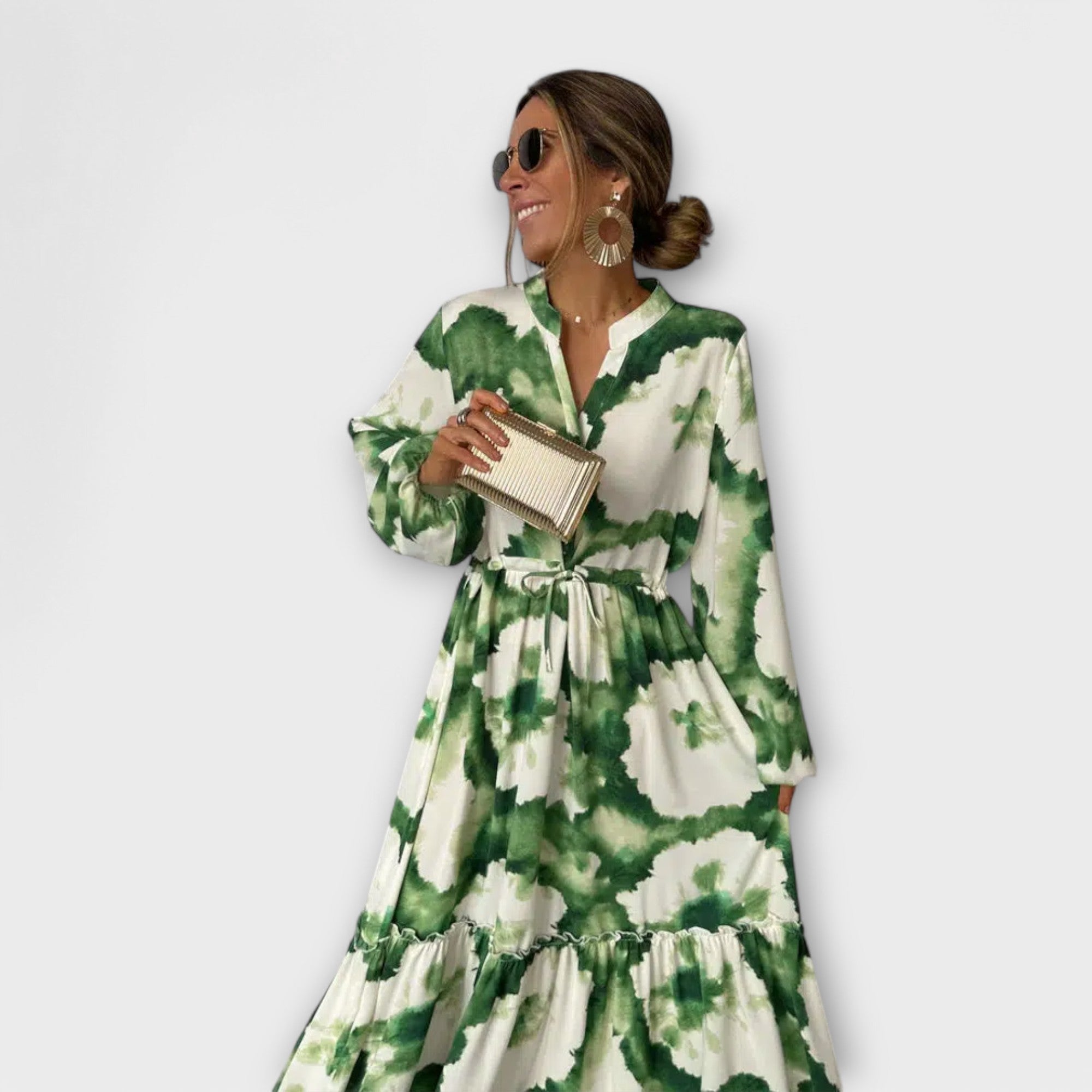 Melina - Green long-sleeved maxi dress with a v-neck