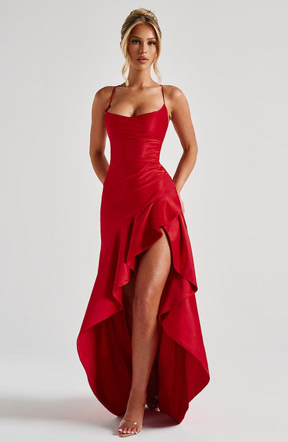 Prestige Satin Ruffle Maxi Dress